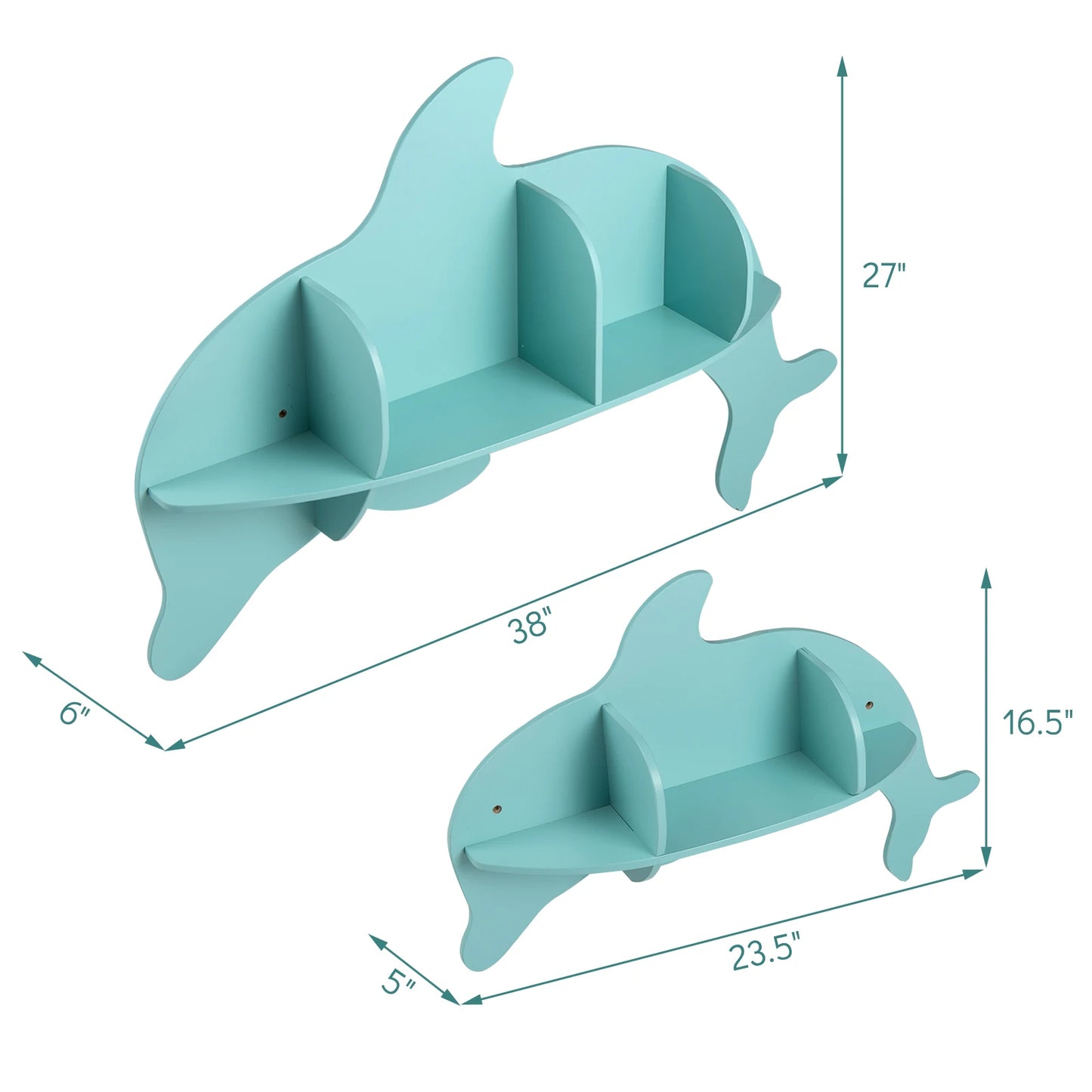 2PCS Floating Dolphin Shelves w/ Compartments Cute Corner Bookshelves for Nursery