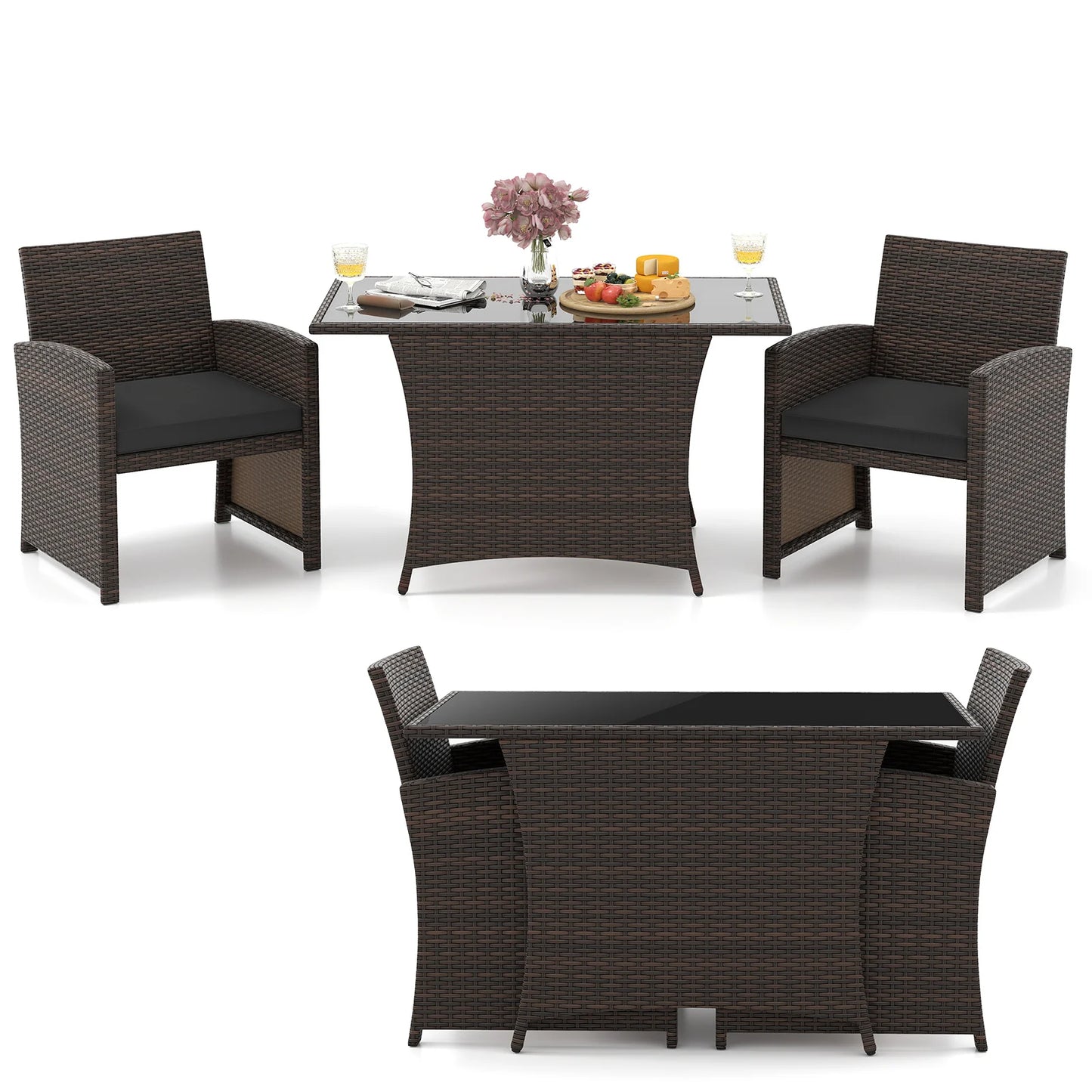 3 Pieces Wicker Bistro Set Balcony Furniture Set w/ Tempered Glass Dining Table