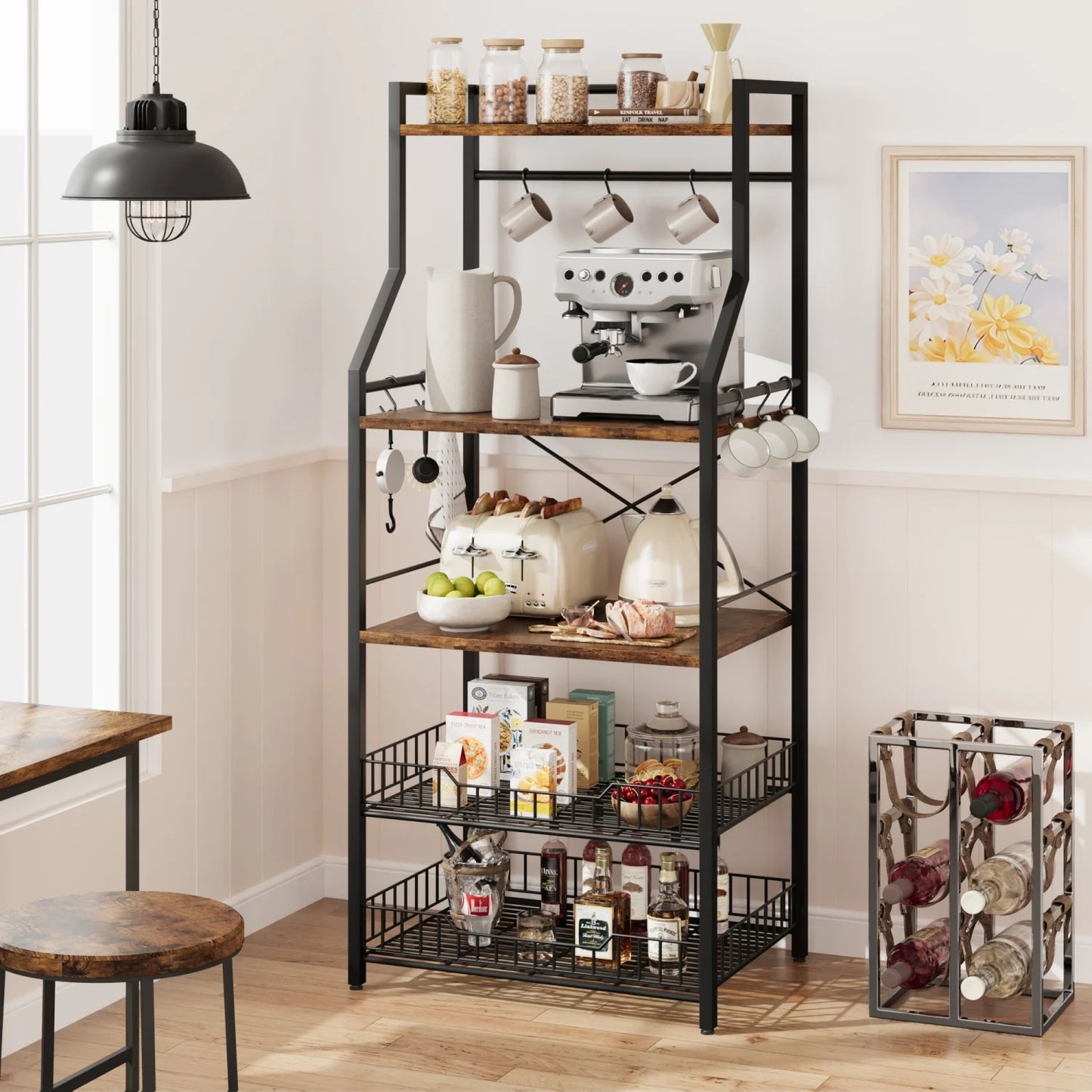 Kitchen Bakers Rack Microwave Oven Stand with 2 Large Wire Basket Industrial Coffee Bar Station