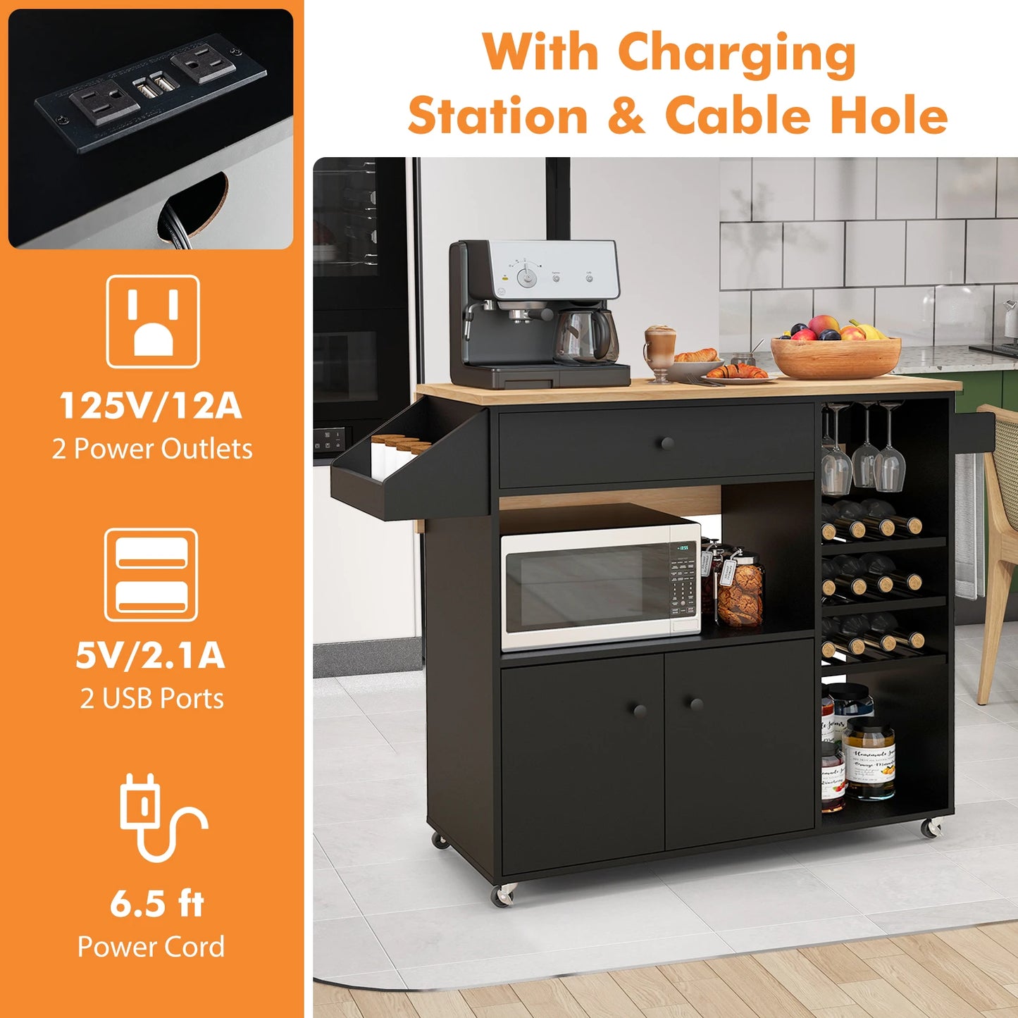 Kitchen Island Cart w/ Drop-Leaf & Power Outlet Microwave Shelf Wine Rack Drawer