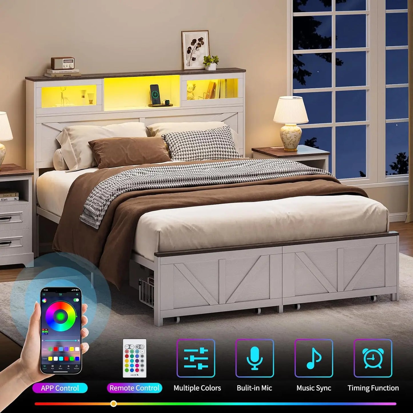 Full Size Bed Frame with Headboard, Full Bed Frame with Charging Station, LED Beds with 2 Storage Drawers, Wood Farmhouse Bedfra