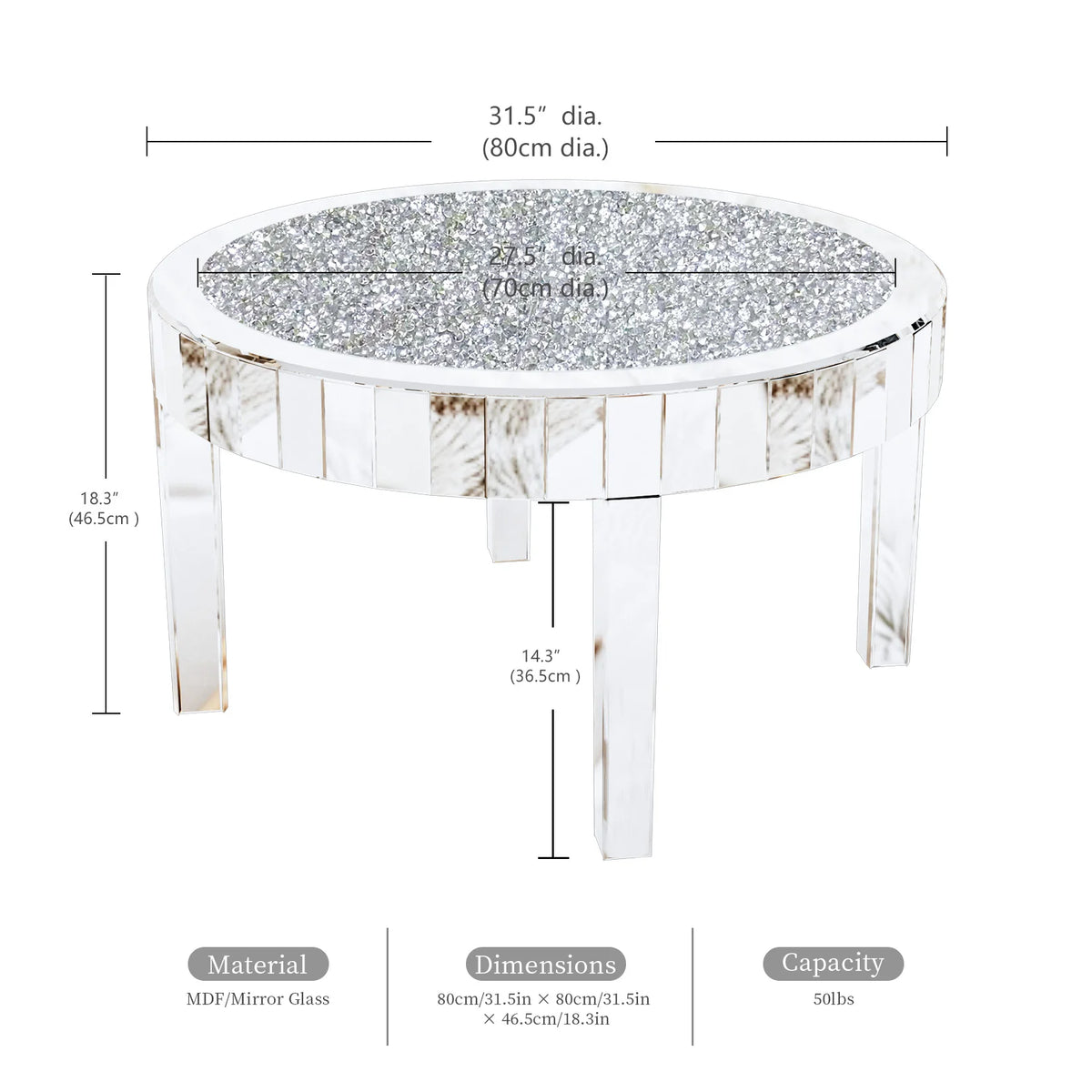 Modern Round Mirrored Coffee Table With Crystal Glass Inlay