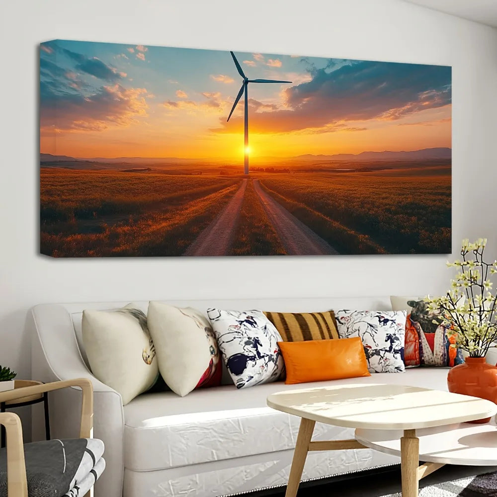 1.5 inch thick pine frame, sunrise wind turbine road, canvas wall art, living room poster, gift, bedroom painting