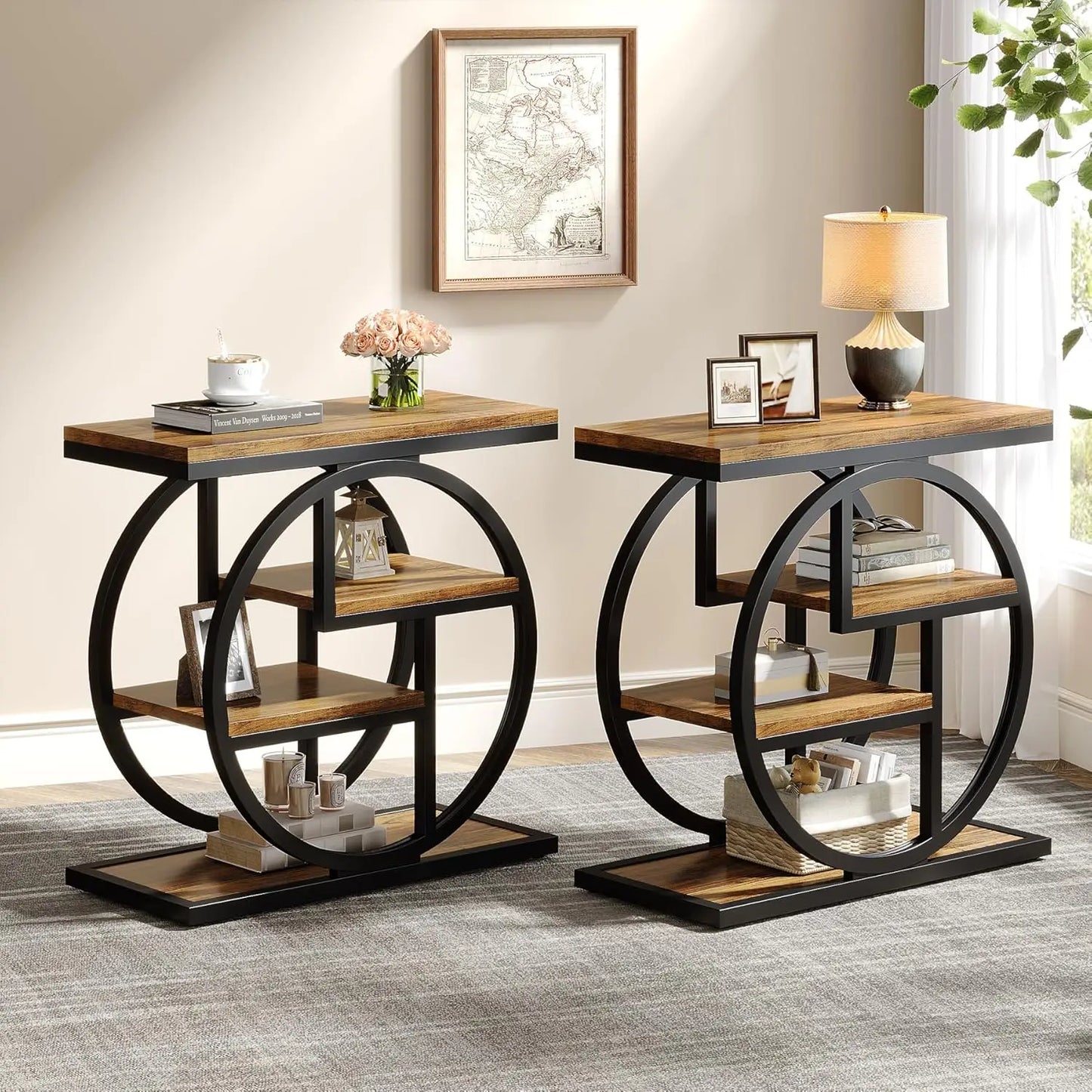 End Table Set of 2, 4-Tier Narrow Side Table with Storage Shelves, Wood Small Sofa Side Table with Geometric Metal, Customized