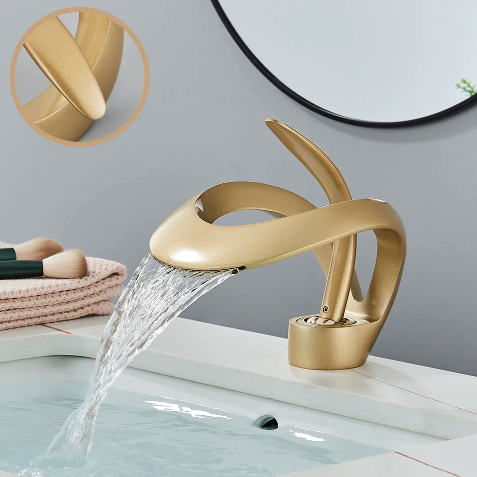 Uythner Luxury Creative Waterfall Basin Faucet Single Handle Deck Mount Basin Tap Black Brass Bath Hot Cold Water Vanity Tap
