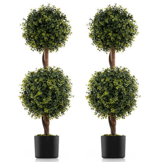 Set of 2 Artificial Double Topiary Ball Trees 3 FT Faux Boxwood Topiary Tree