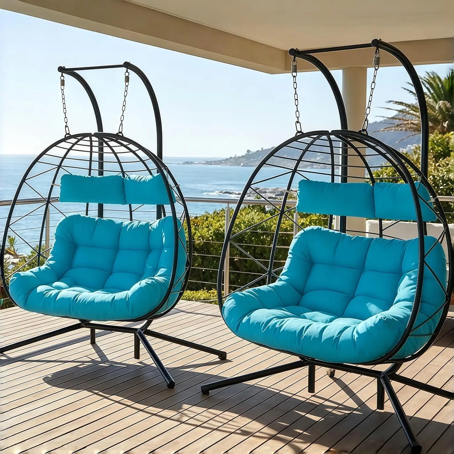 Set of 2 Wicker Hanging Egg Chairs with Stand, 700 lb Capacity, Indoor/Outdoor Double Egg Swing Hammock Chairs for, Custom