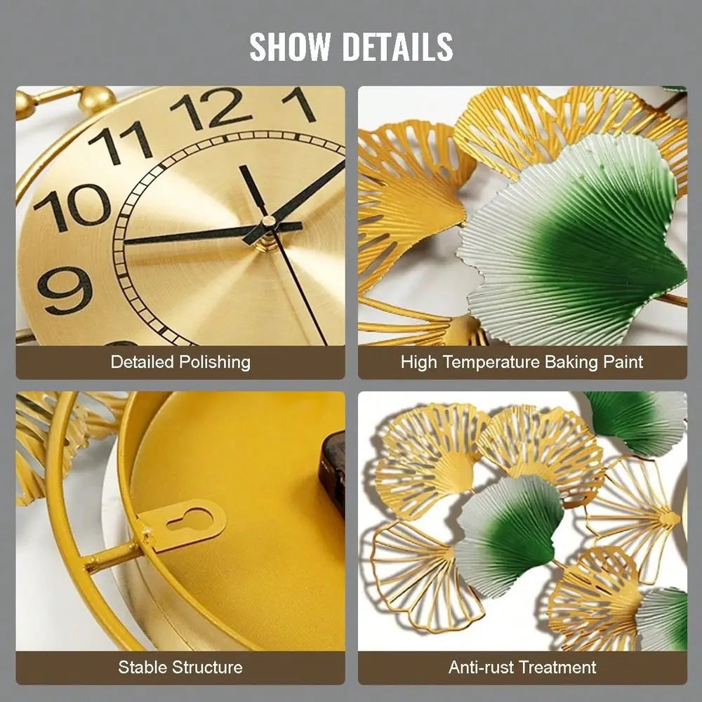 Large Wall Clock For Living Room With Silent Movement,3D Creative Metal Ginkgo Leaf Design Clock For Bedroom Dining Room Office
