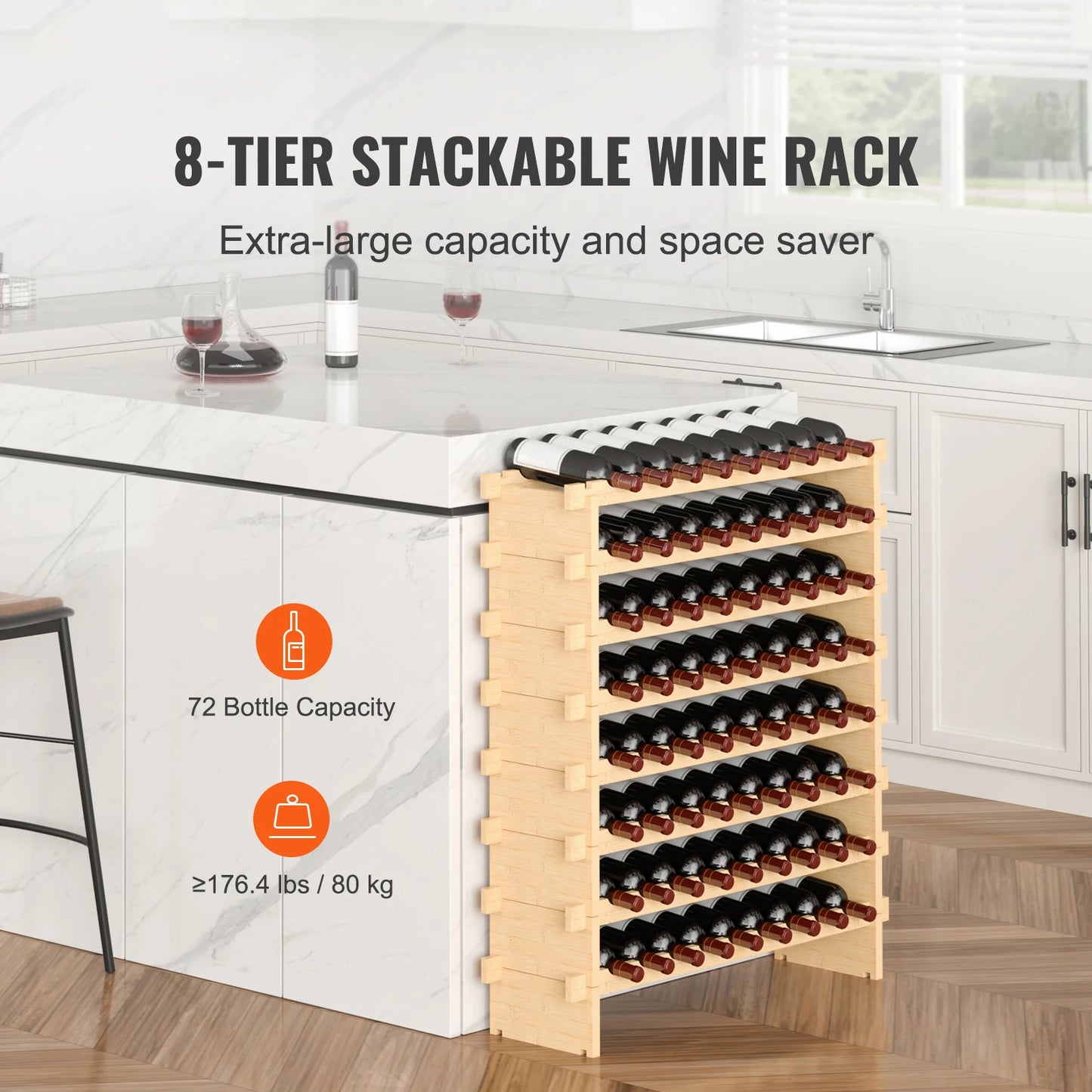 SucceBuy Bamboo 8 Tier Stackable Wine Rack Free Standing Storage