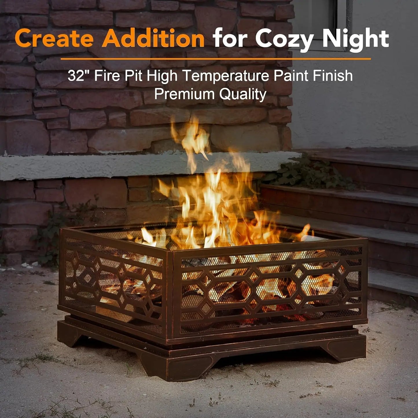 Wood Burning Outdoor Fire Pit Square Metal With Mesh Cover