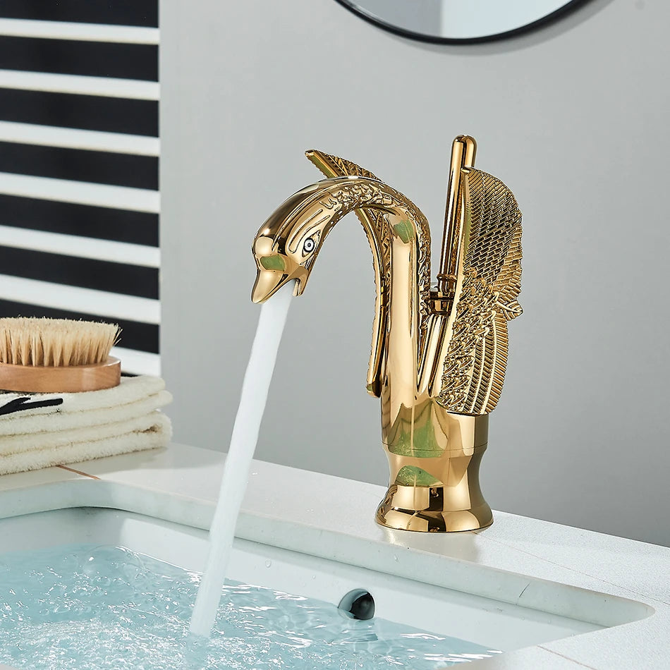 Uythner Luxury Swan Bath Basin Brass Faucet Cold and Hot Water Mixer Taps Black /Gold/Antique Bathroom Washbasin Crane