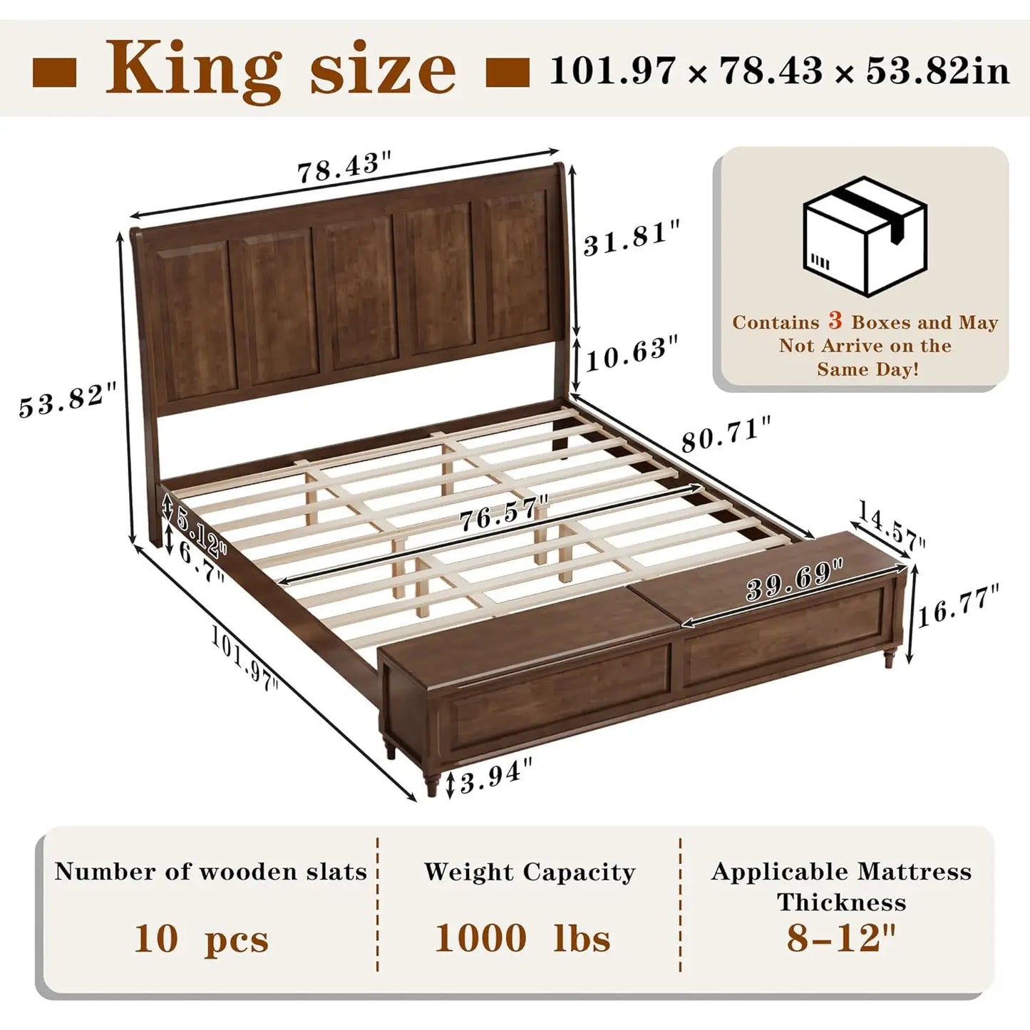 King Size Bed Frame with Headboard and Storage Bench, Solid Wood Sleigh Bed Frame No Box Spring Needed, Wood Bed Frame, Custom
