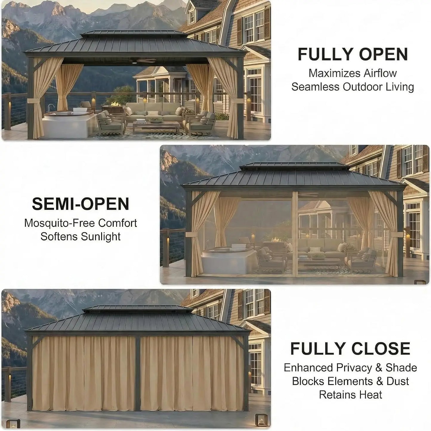 10x15 Hardtop Gazebo with Flame-Retardant Curtain & Netting, Hot Tub Gazebo with Galvanized Steel Double Roof, Heavy, Custom