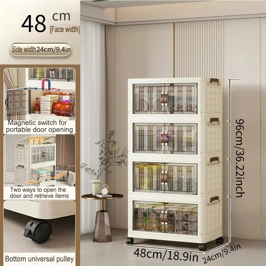 Stackable Plastic Storage Cabinet with Doors and Wheels for Bedroom