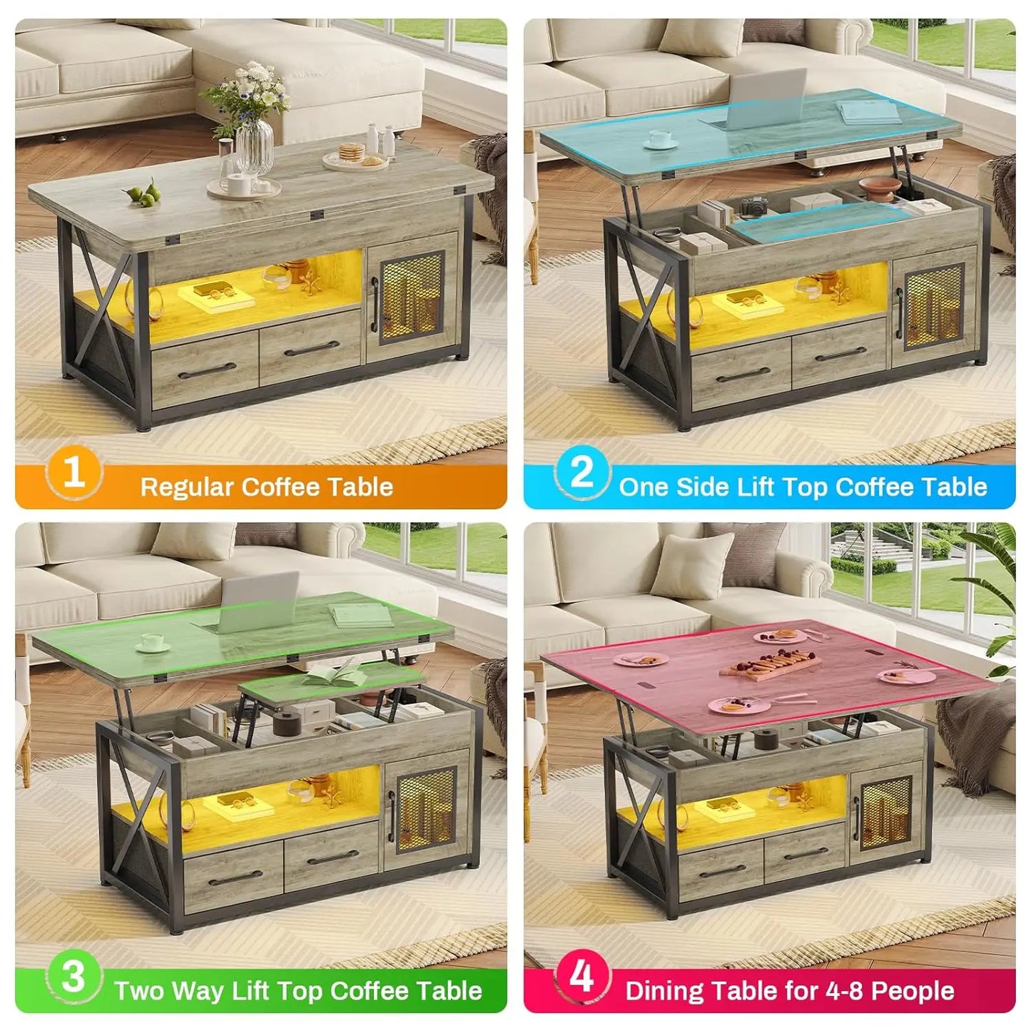 Lift Top Coffee Table Storage Cabinet 4 in 1 with 2 Fabric Drawers LED Light Living Room Dining Room 40Custom