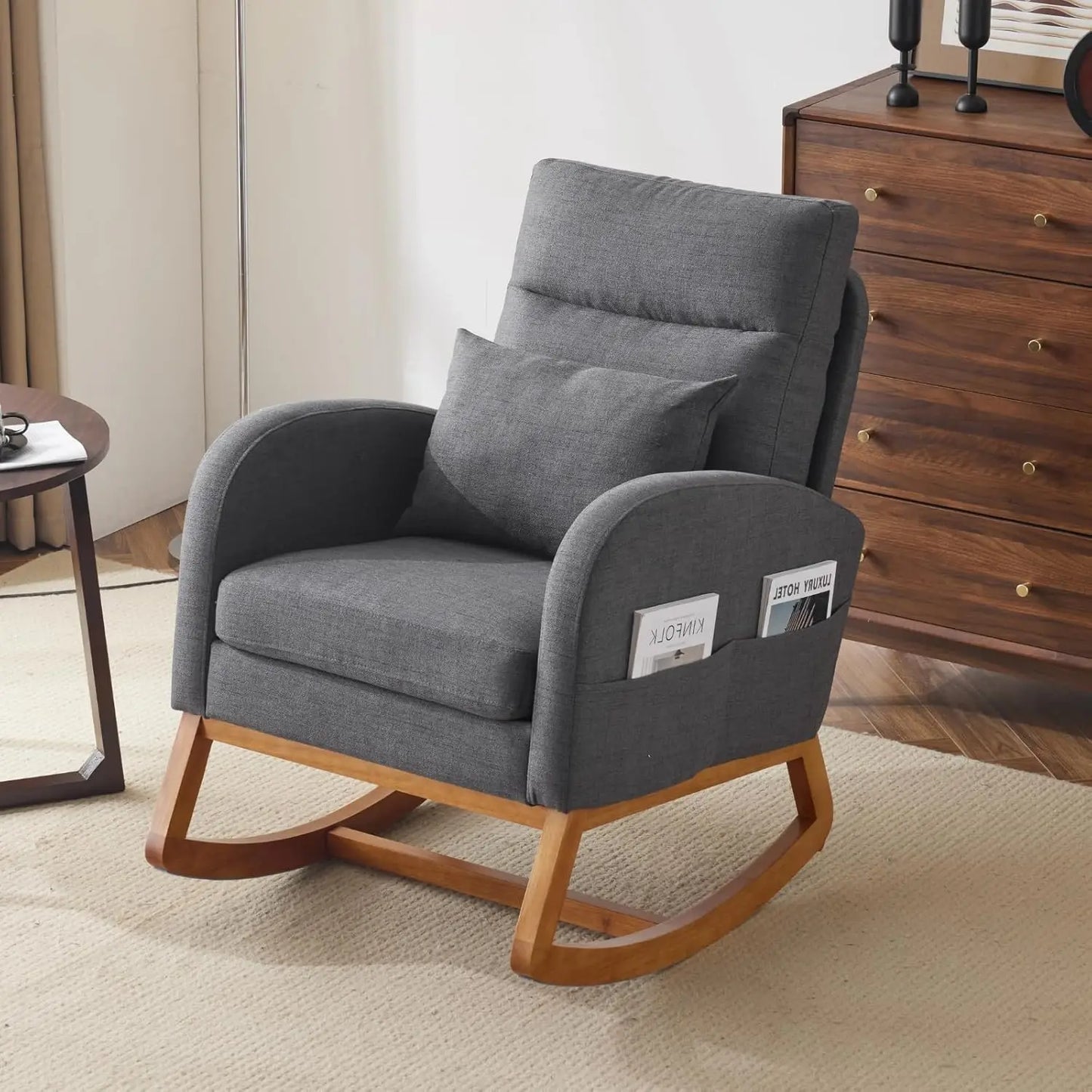 Olive Chenille Rocking Chair Nursery with Thick Headrest, Upholstered Mid-Century Modern Nursing Rocker Glider with, Customized