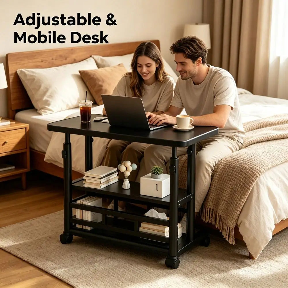 24/32"Multifunctional Adjustable Height Mobile Side Table, Multi-Layer Storage Office Computer Desk With Thickened Metal Frame