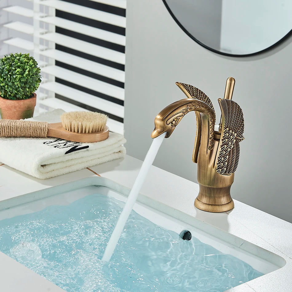Uythner Luxury Swan Bath Basin Brass Faucet Cold and Hot Water Mixer Taps Black /Gold/Antique Bathroom Washbasin Crane