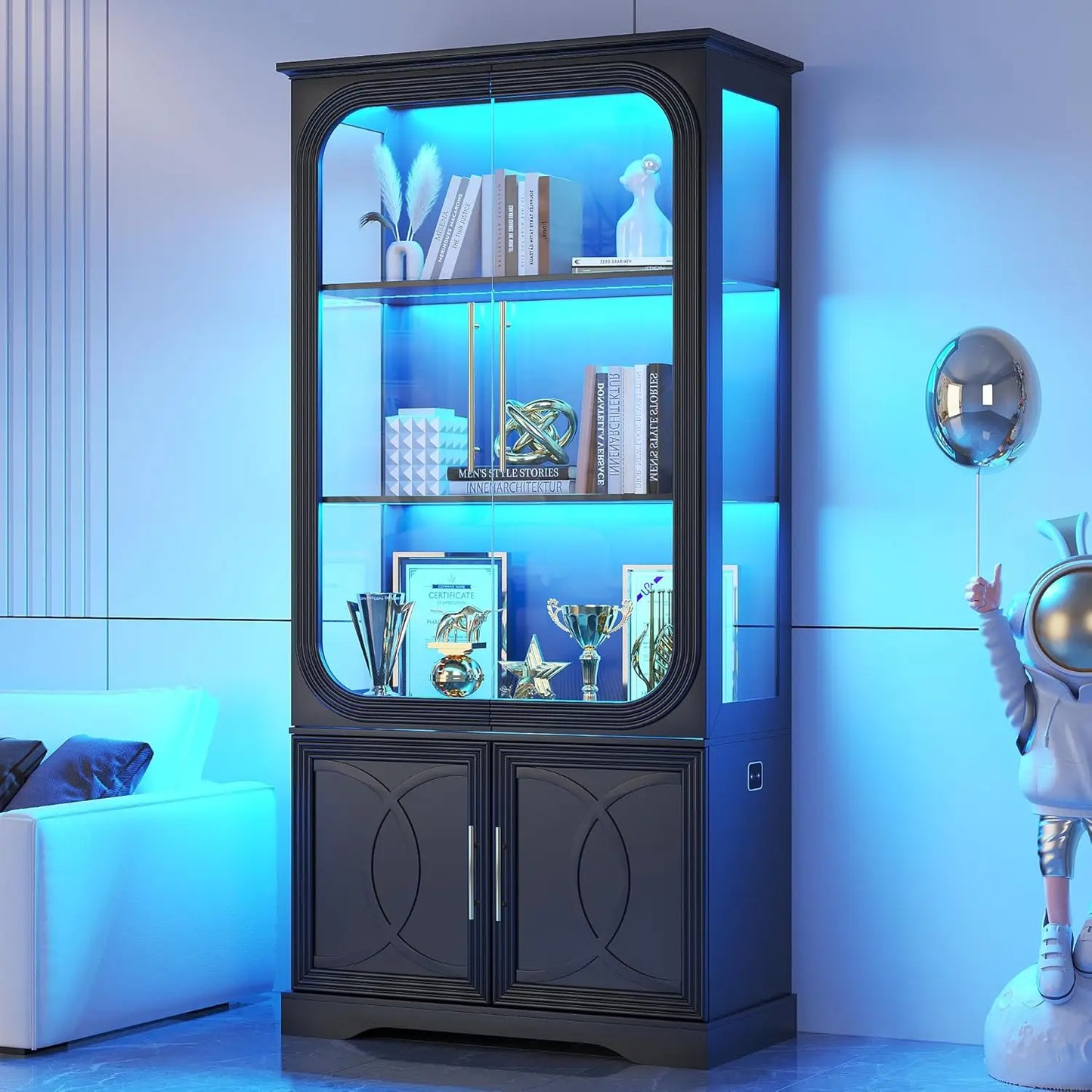 ZHILU Glass Display Curio Cabinet With LED Lights Body Sensor