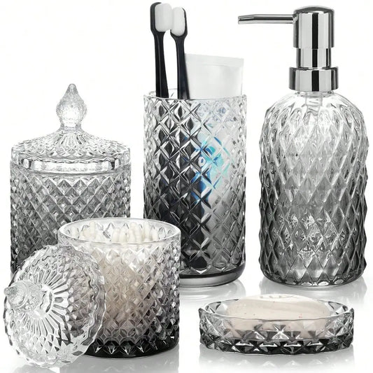 Bathroom Accessory Set 5 Piece Glass Soap Dispenser Dish Toothbrush Holder