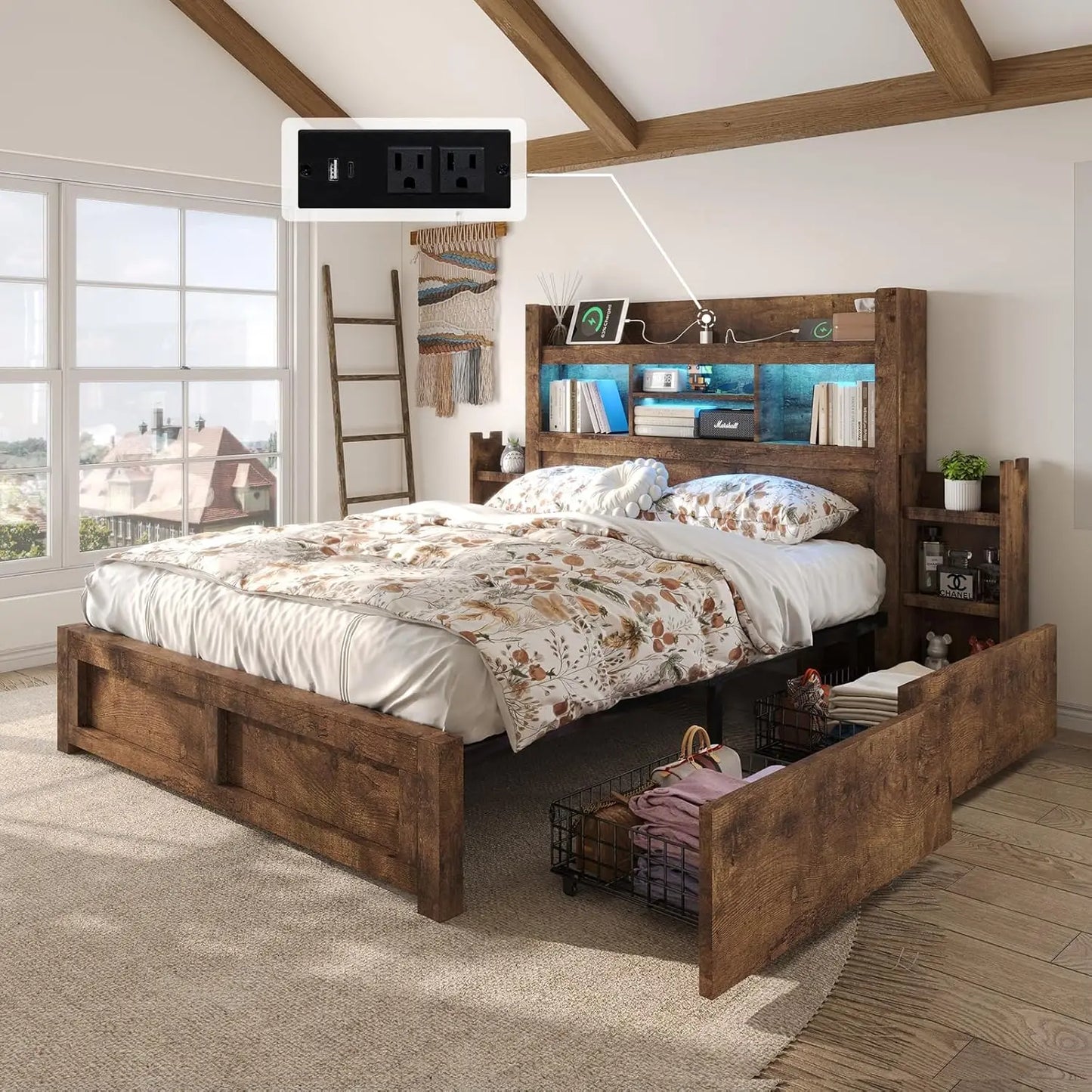 Queen Bed Frame with 49.6" Bookcase Headboard & 2 Detachable Bedside Stoage Racks & 4 Drawers, Farmhouse Wood Bed Frame, Custom