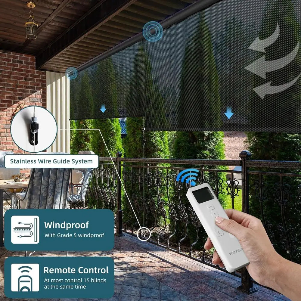 Motorized Outdoor Roller Shades,Patio Roll Up Blind Work with Alexa,Home,Homekit,Remote Control Sun Shade,Waterproo &Windproo Sm