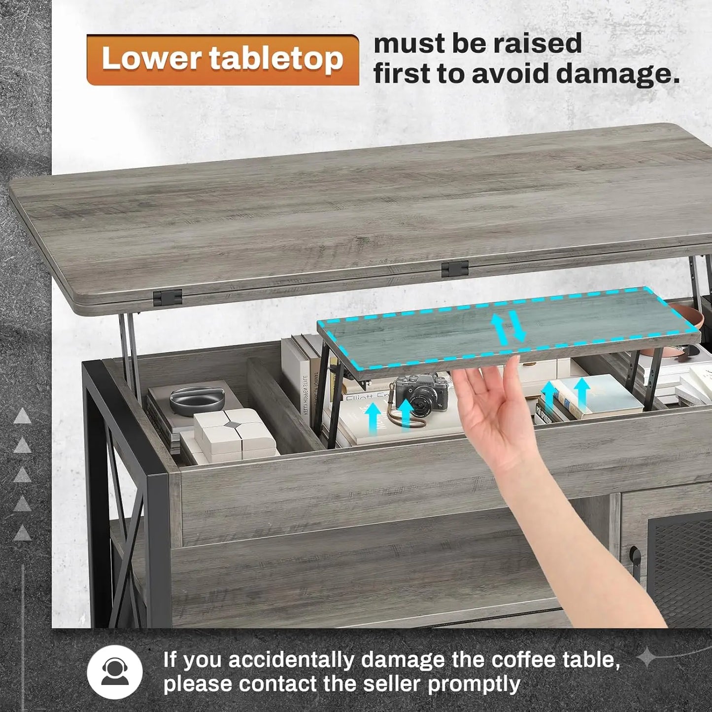 Lift Top Coffee Table Storage Cabinet 4 in 1 with 2 Fabric Drawers LED Light Living Room Dining Room 40Custom