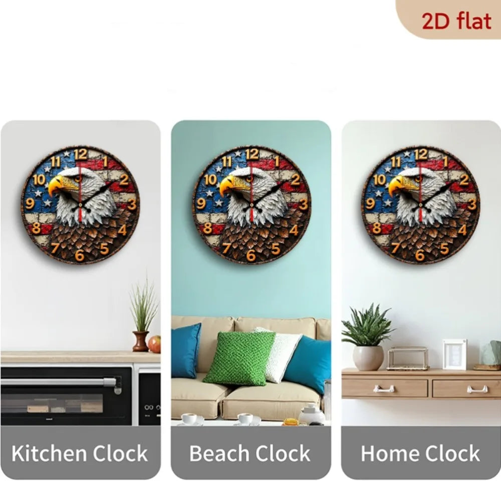 1pc Eagle Silent Round Wall Clock with Flag & Eagle Design - Large Hands, Face & Red/ Star-Spangled Background - Wooden Frame Qu
