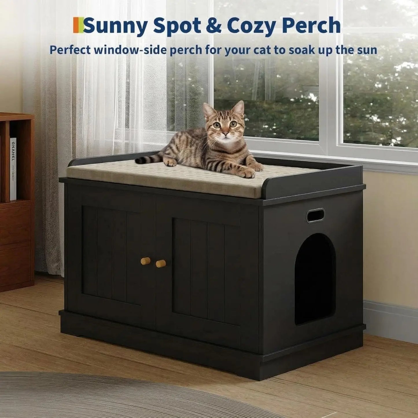 Cat Litter Box Enclosure, Hidden Litter Box Cabinet Furniture, Wooden Cat Washroom Furniture with Cosy Perch, pets House