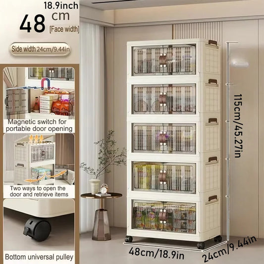 Stackable Plastic Storage Cabinet with Doors and Wheels for Bedroom