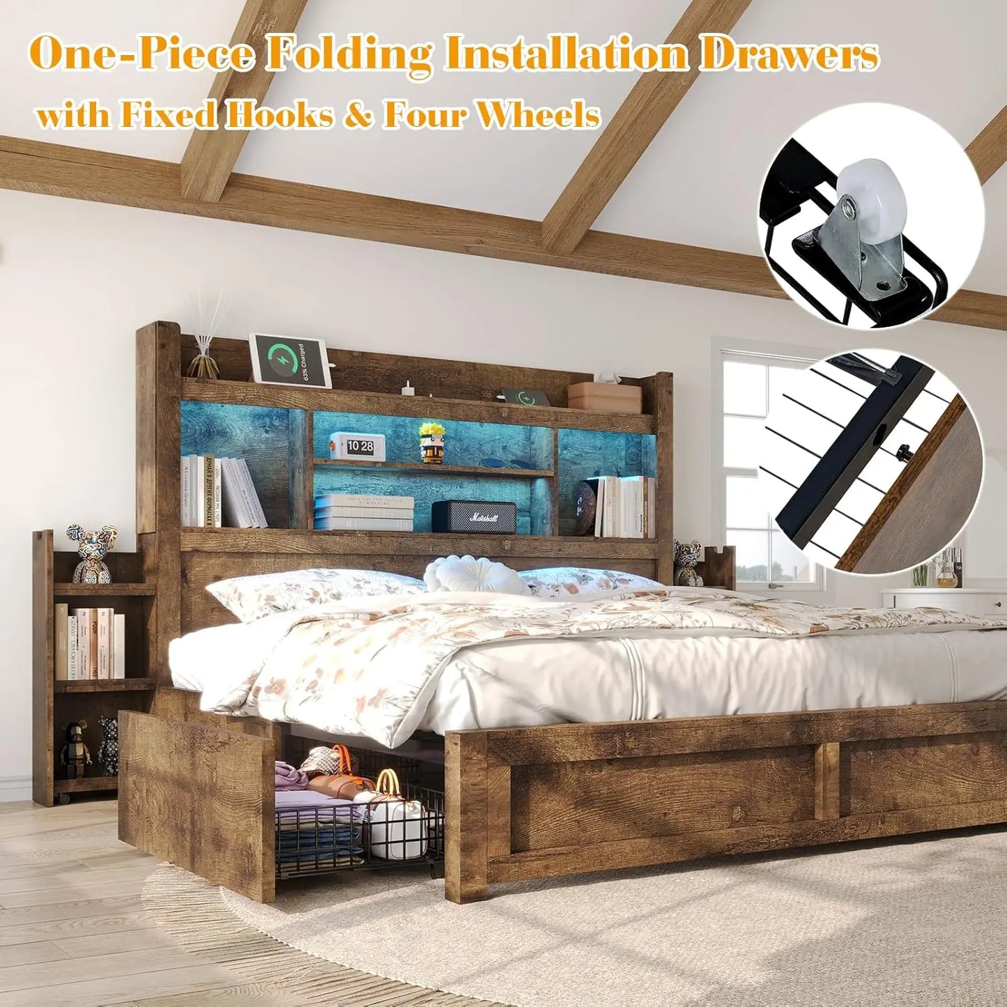 Queen Bed Frame with 49.6" Bookcase Headboard & 2 Detachable Bedside Stoage Racks & 4 Drawers, Farmhouse Wood Bed Frame, Custom