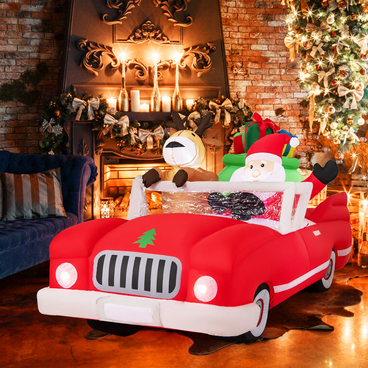 LIFEZEAL Lighted Christmas Inflatable Santa And Reindeer Driving Red Car