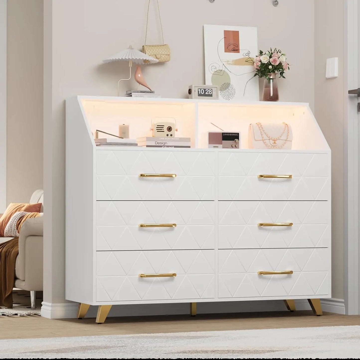 6 Drawers Dresser with LED Light and Power Outlet, Wood Dressers for Bedroom Chests of Drawers for Living Room Entryway Hallway