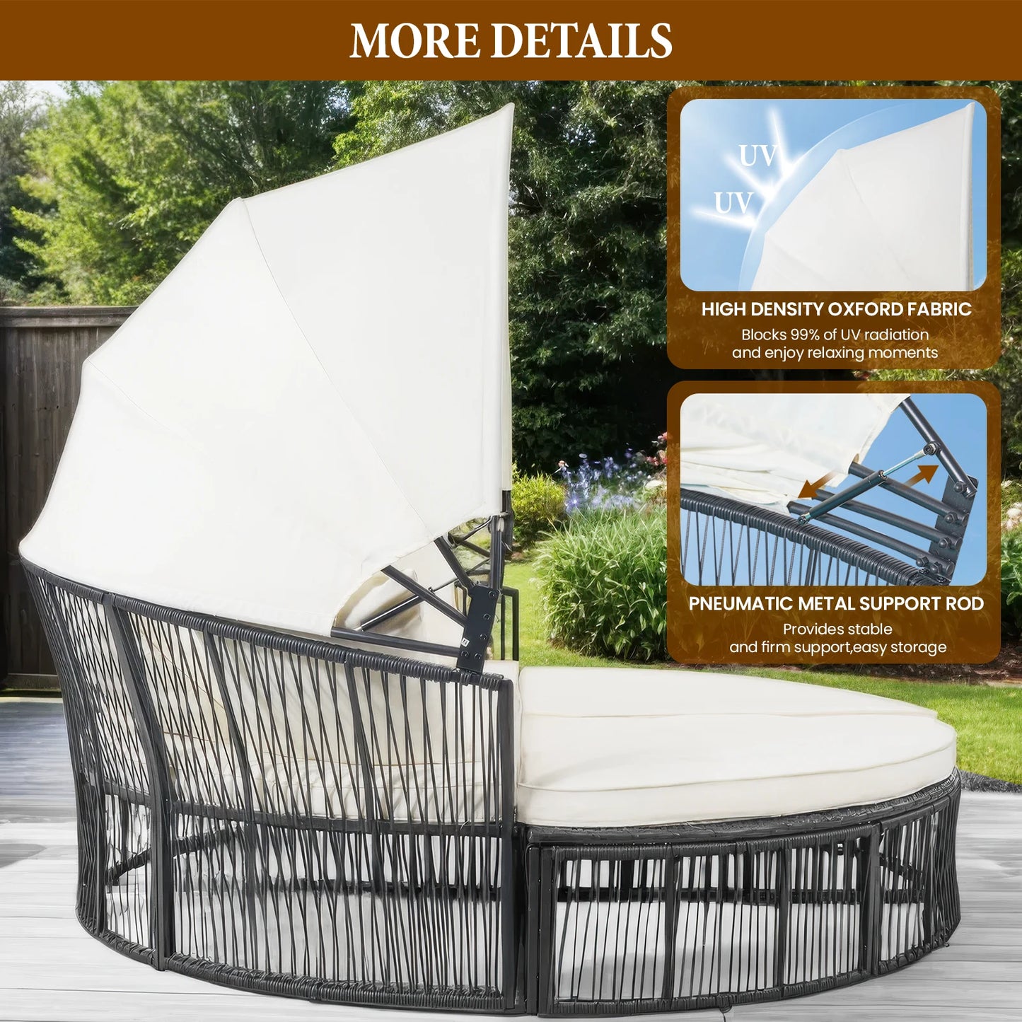 Outdoor Patio Furniture Set, Hand-woven Thin Wicker Round Daybed Patio Furniture with Foldable Sun Canopy & Cushioned Pillows, Breathable All-weather Outdoor Furniture Lounge Bed, Relax Outdoor Patio Furniture Set for Courtya