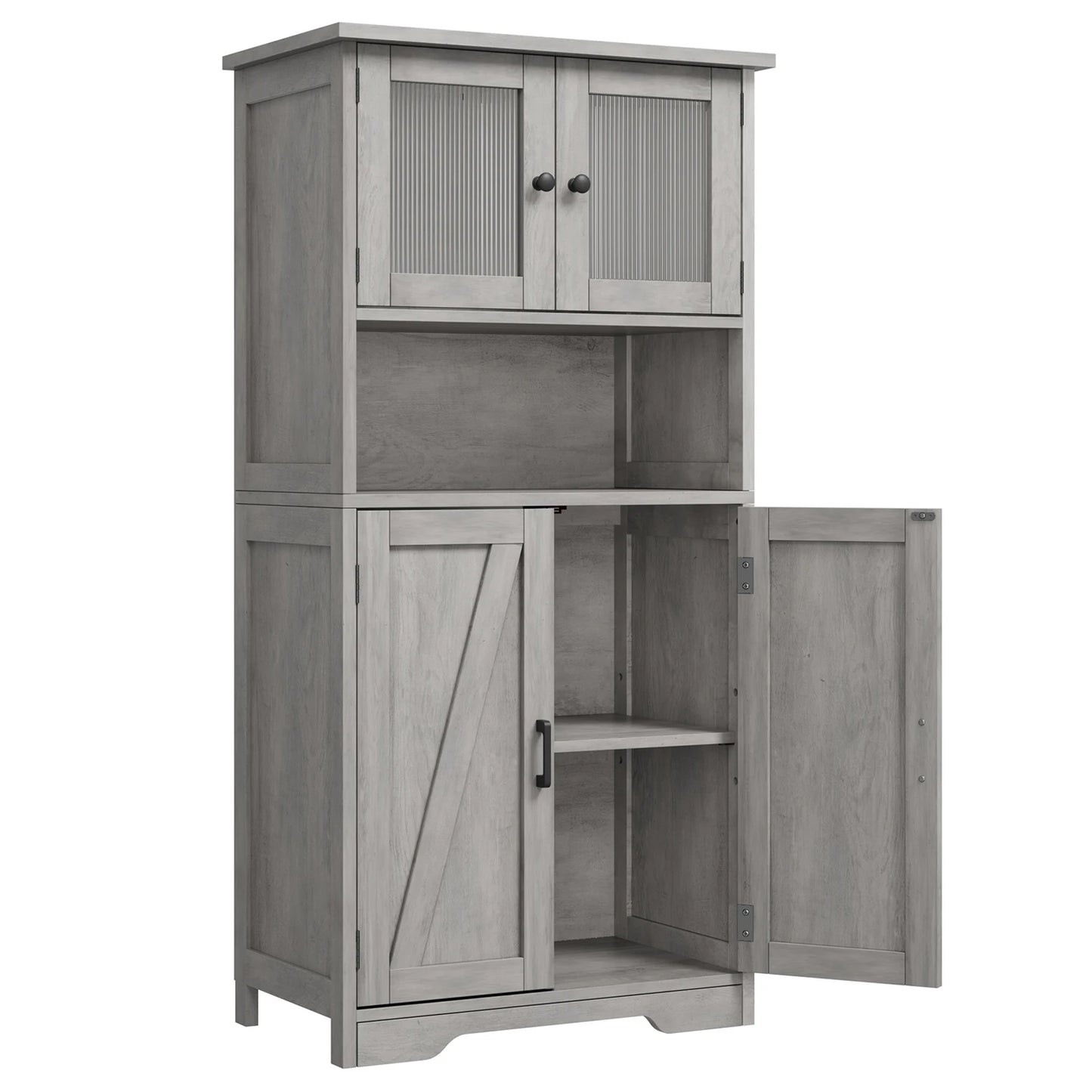 Modern Multipurpose Entryway Storage Cabinet – Freestanding Wooden Pantry with Glass Doors & Adjustable Shelves, Floor Organizer for Hallway, Kitchen, Living Room, Bathroom