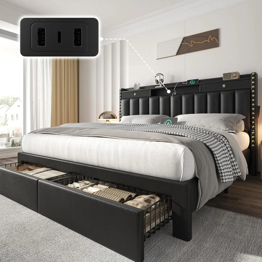 Moyu Velvet Upholstered Bed Frame With Headboard And Storage Drawers