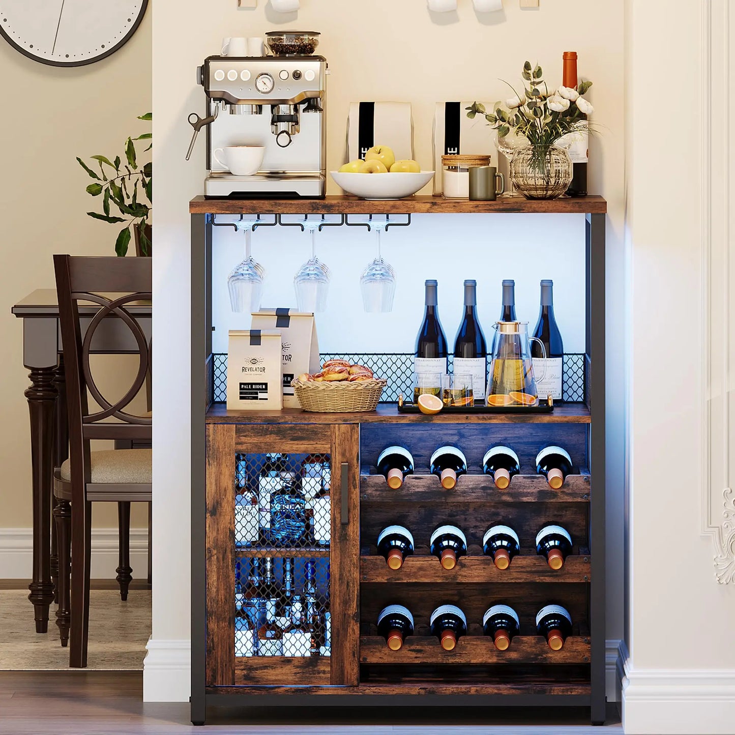 HiMISS Vintage 3 Tier Wine Bar Cabinet With Adjustable Shelves Glass Holders
