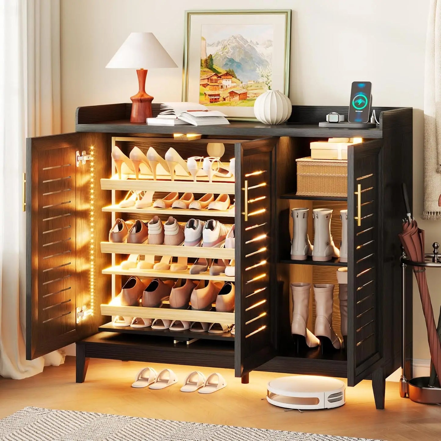 6 Tier Shoe Storage Cabinet with Shutter Doors and Adjustable Shelves, Rotating Shoe Organizer Cabinet with Human, Custom