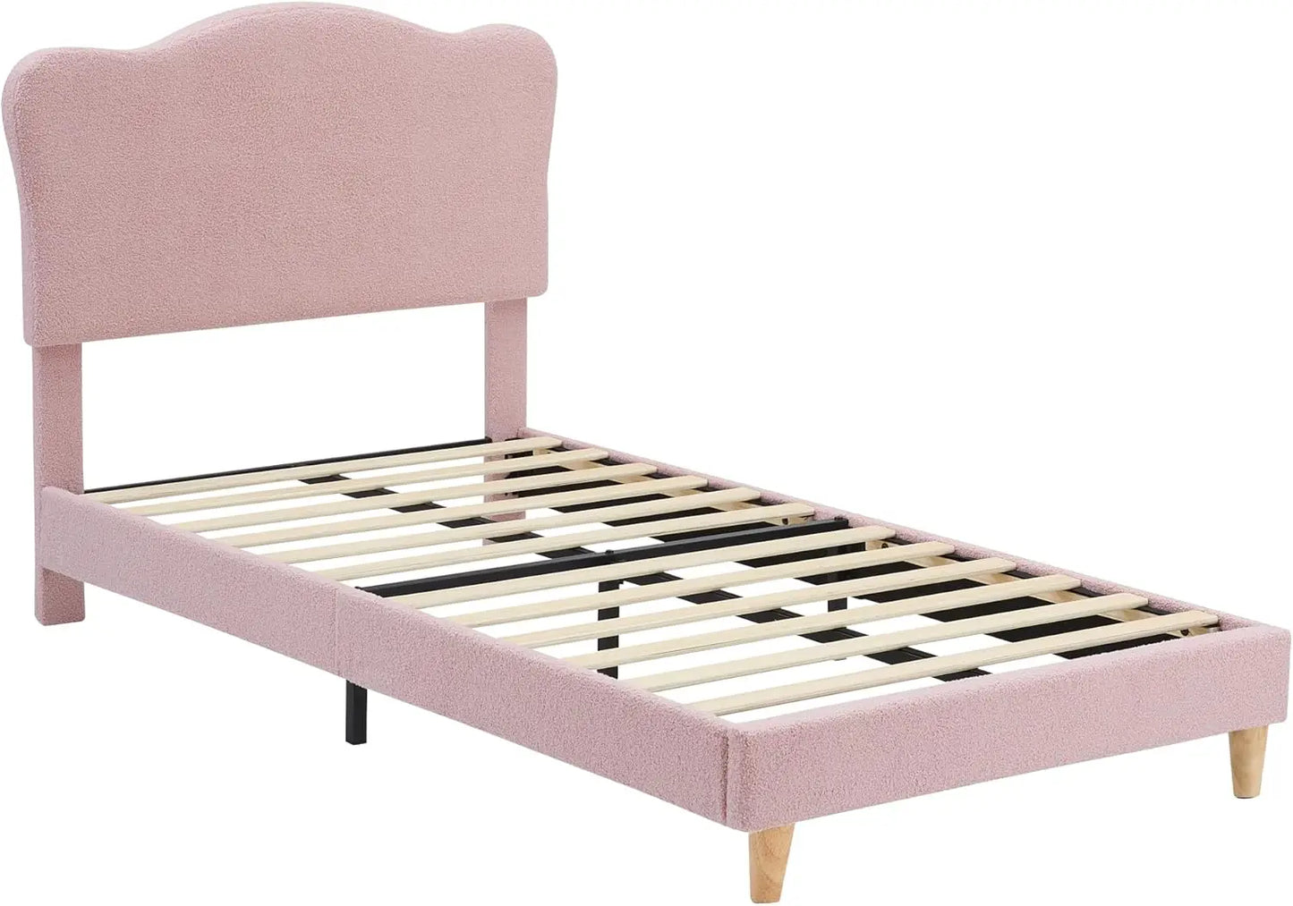 Upholstered Twin Size Bed Frame for Kids with Scallop Headboard, Cute Velvet Twin Bed, Sturdy Platform Bed, No Box Spring Needed