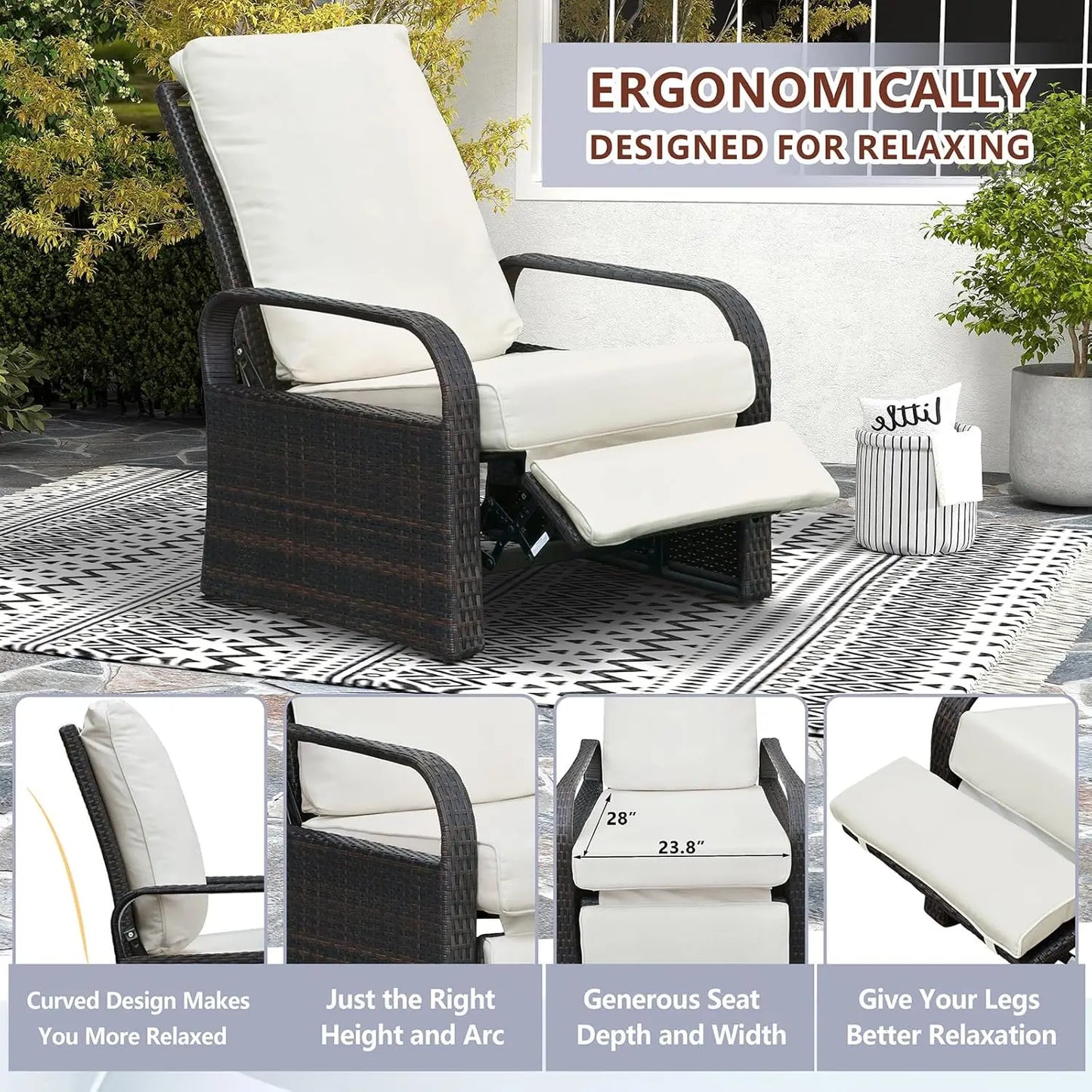 Outdoor Recliner Wicker Patio Adjustable Recliner Chair with 5.5" Thick Cushions and Footrest,Rust-Resistant Aluminum, Custom
