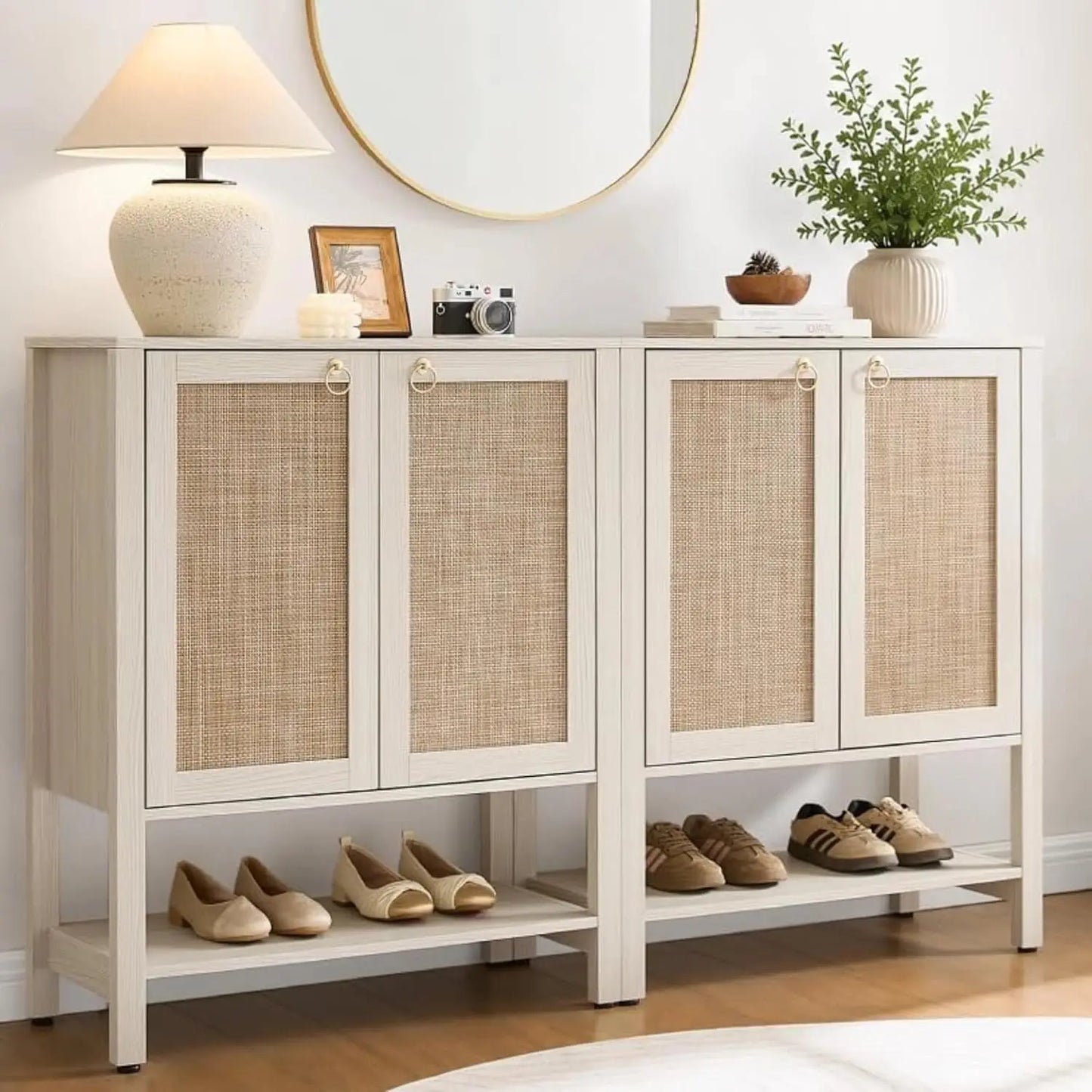 Shoe Storage Cabinet for Entryway - 5 Tier Rattan Entry Shoe Organizer Cabinet with Shelves & Doors, 2 Pieces, Customized