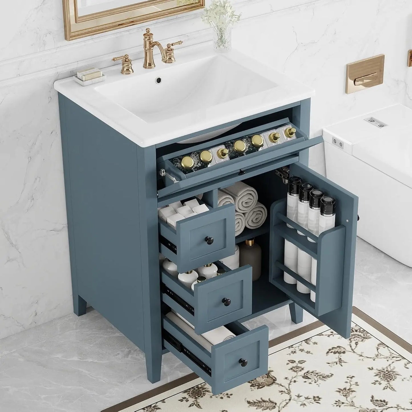24" Bathroom Vanity with Sink Combo Set, Bathroom Cabinet with 3 Drawers and a Tip-Out Drawer, Adjustable Shelves, Soft, Custom