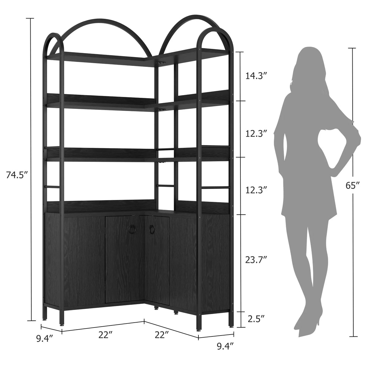 74" Tall 6-Tier Arched Corner Bookshelf - L-Shaped Corner Bookcase with Cabinet Doors - Rustic Metal & Wood Corner Storage Shelf Unit for Home Office/Living Room