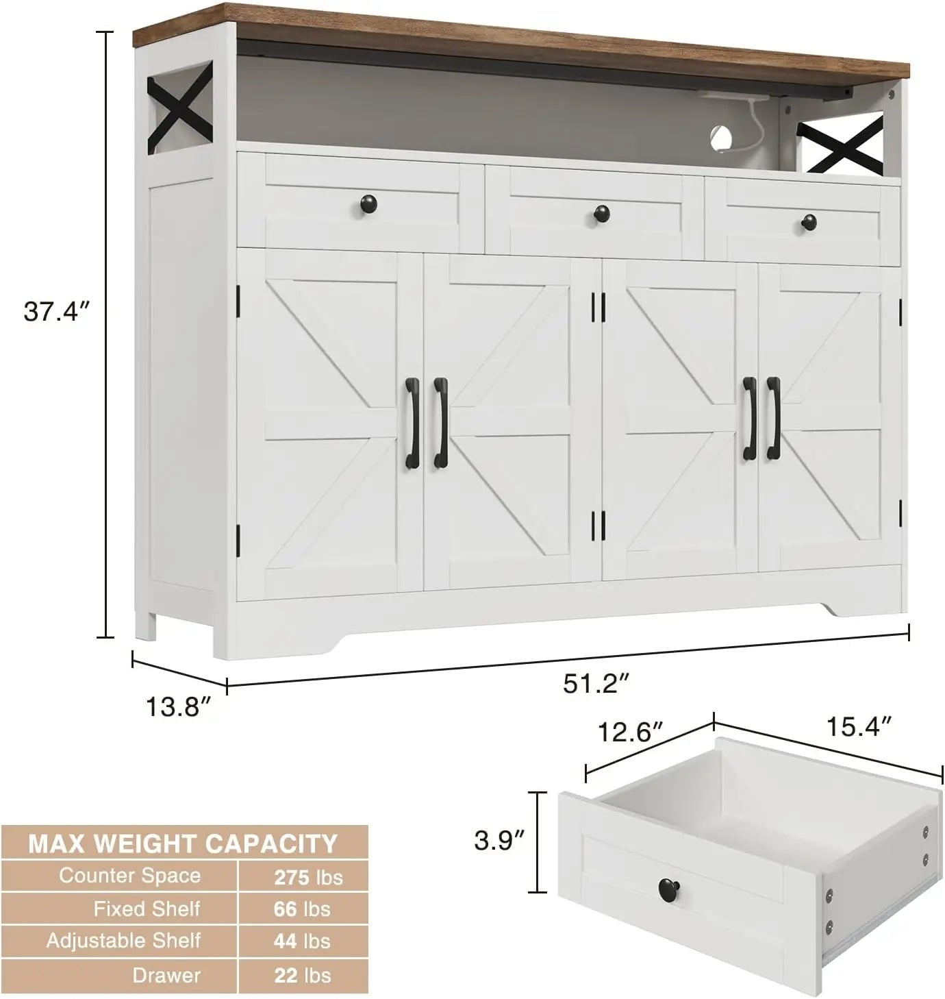 Farmhouse Buffet Cabinet With Drawers And Open Shelf Kitchen Hutch