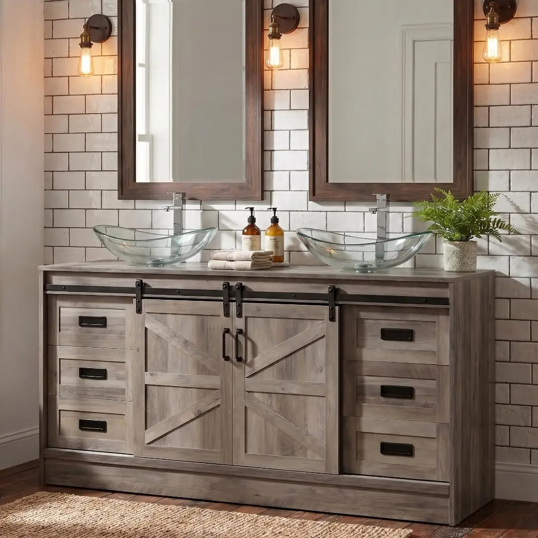 60" Barn Door Bathroom Vanity with 6 Drawers and Two Doors, Farmhouse Style Standing Pedestal Cabinet with Two Blue, Custom