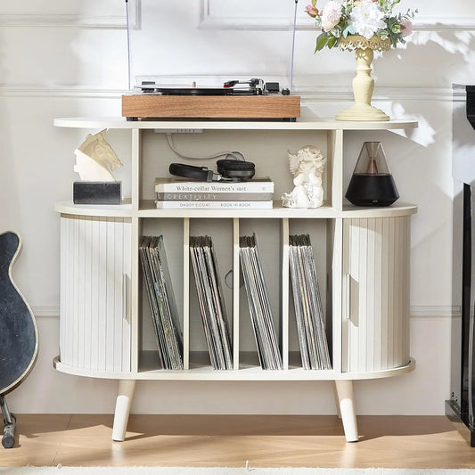 Round Record Player Stand With Charging Station And Vinyl Shelves