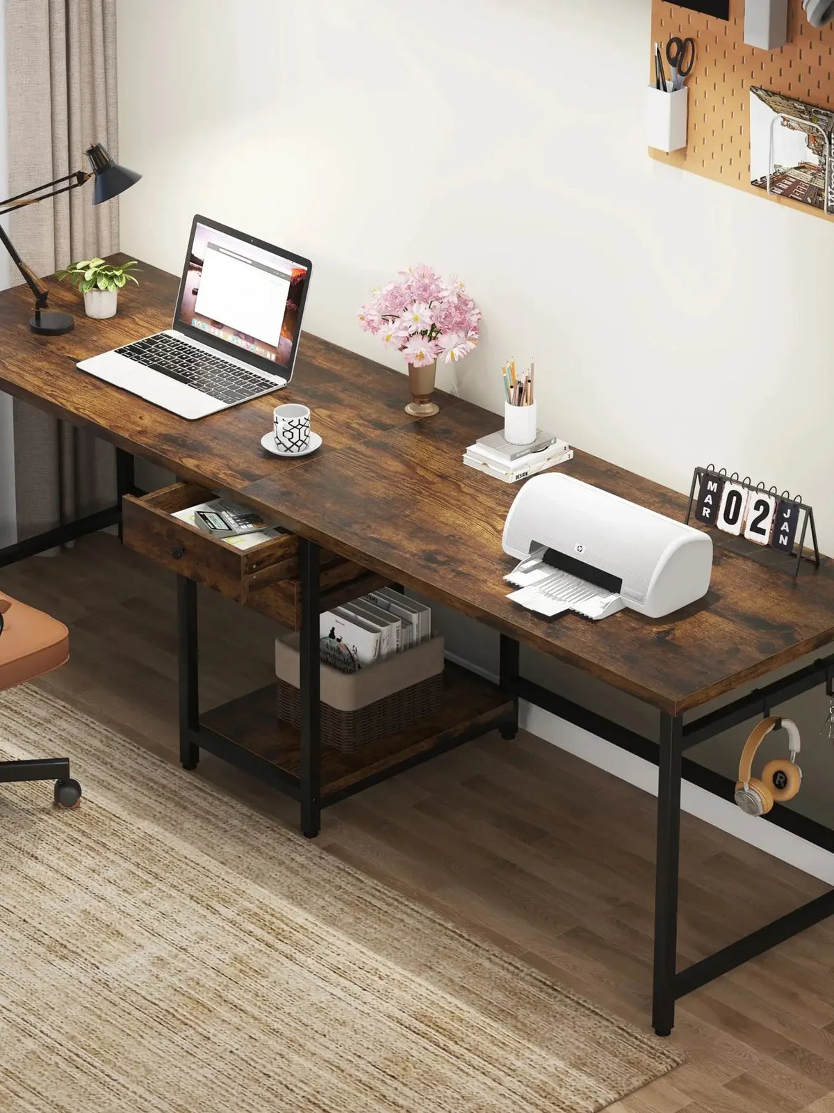 Tribesigns Wooden Double Computer Desk With Drawers And Gaming Shelves