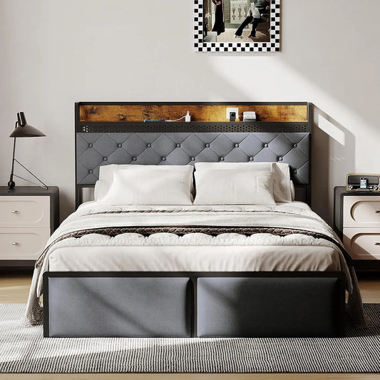 Bed Frame with Headboard,Modern Linen Upholstered Bed Frame with Strorage Drawers,Charging Station,Led Light, Metal Slat Support