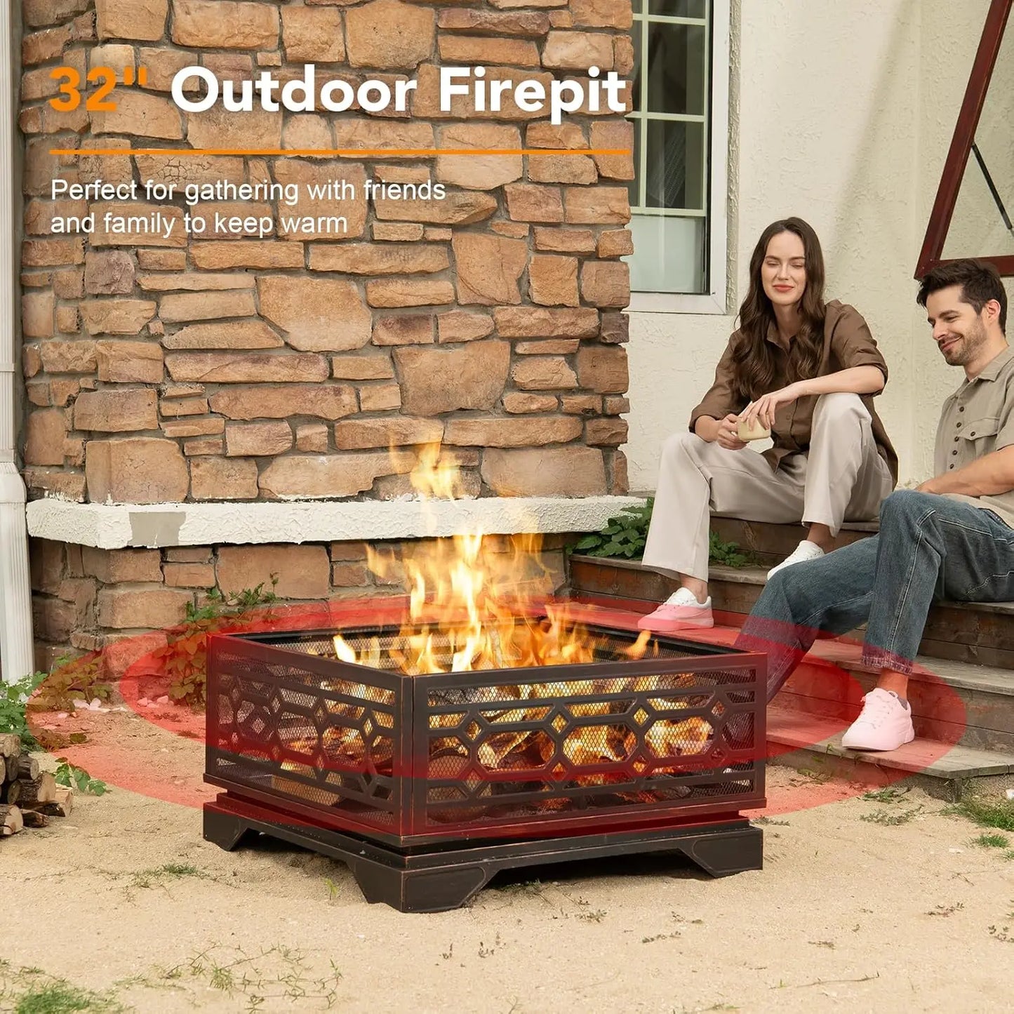 Wood Burning Outdoor Fire Pit Square Metal With Mesh Cover