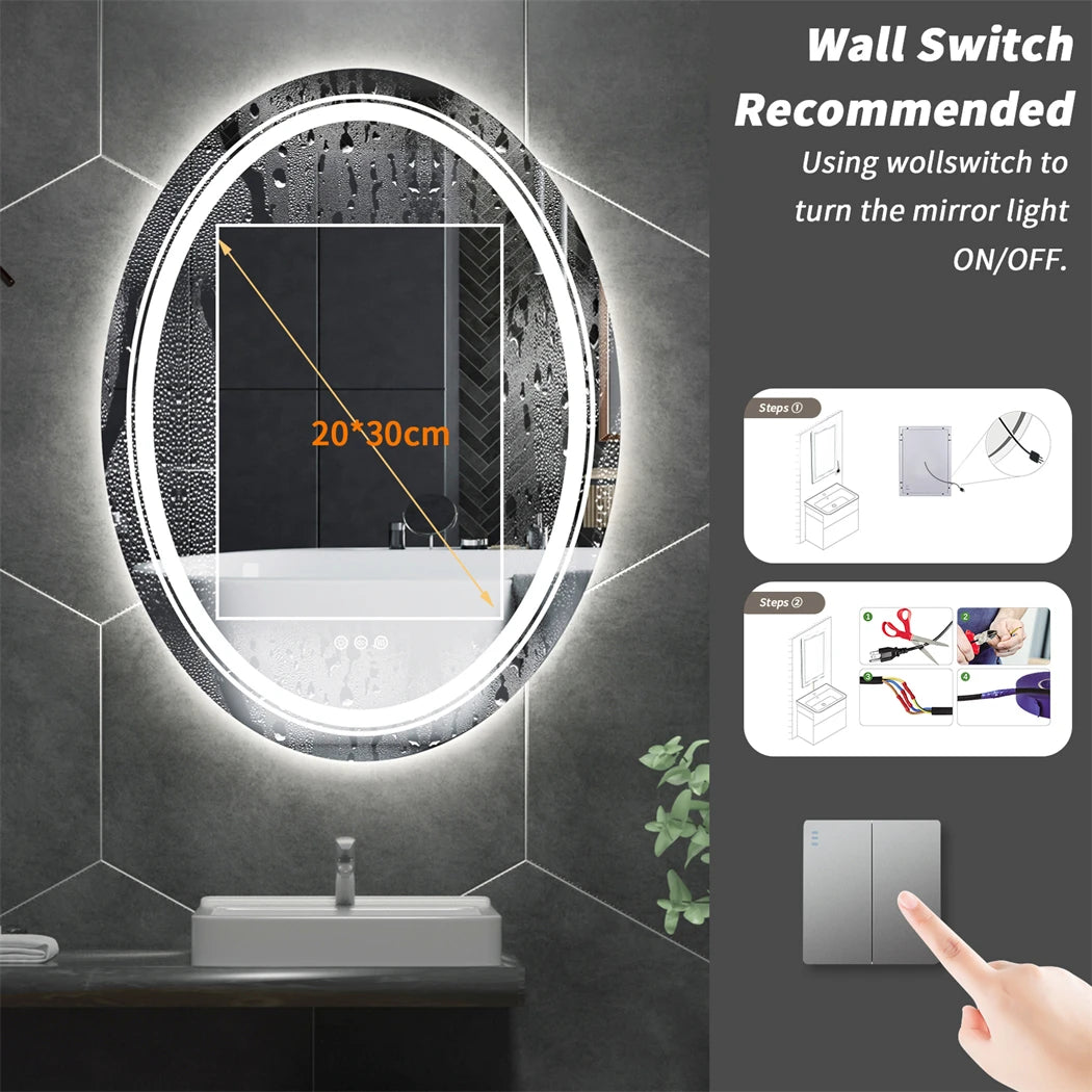 Oval Bathroom Mirror LED Makeup Mirror Anti-Fog Dimmable Light Memory Wall Vanity Shaving Mirror Backlit+Front Lighted